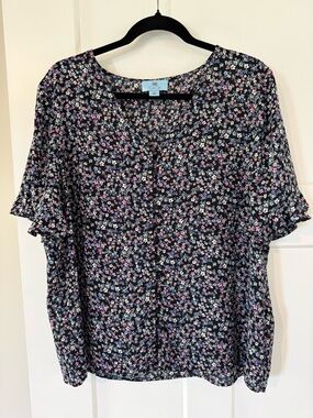 CeCe Floral Short-Sleeve Blouse - Black with Pink, White, and Blue Flowers.